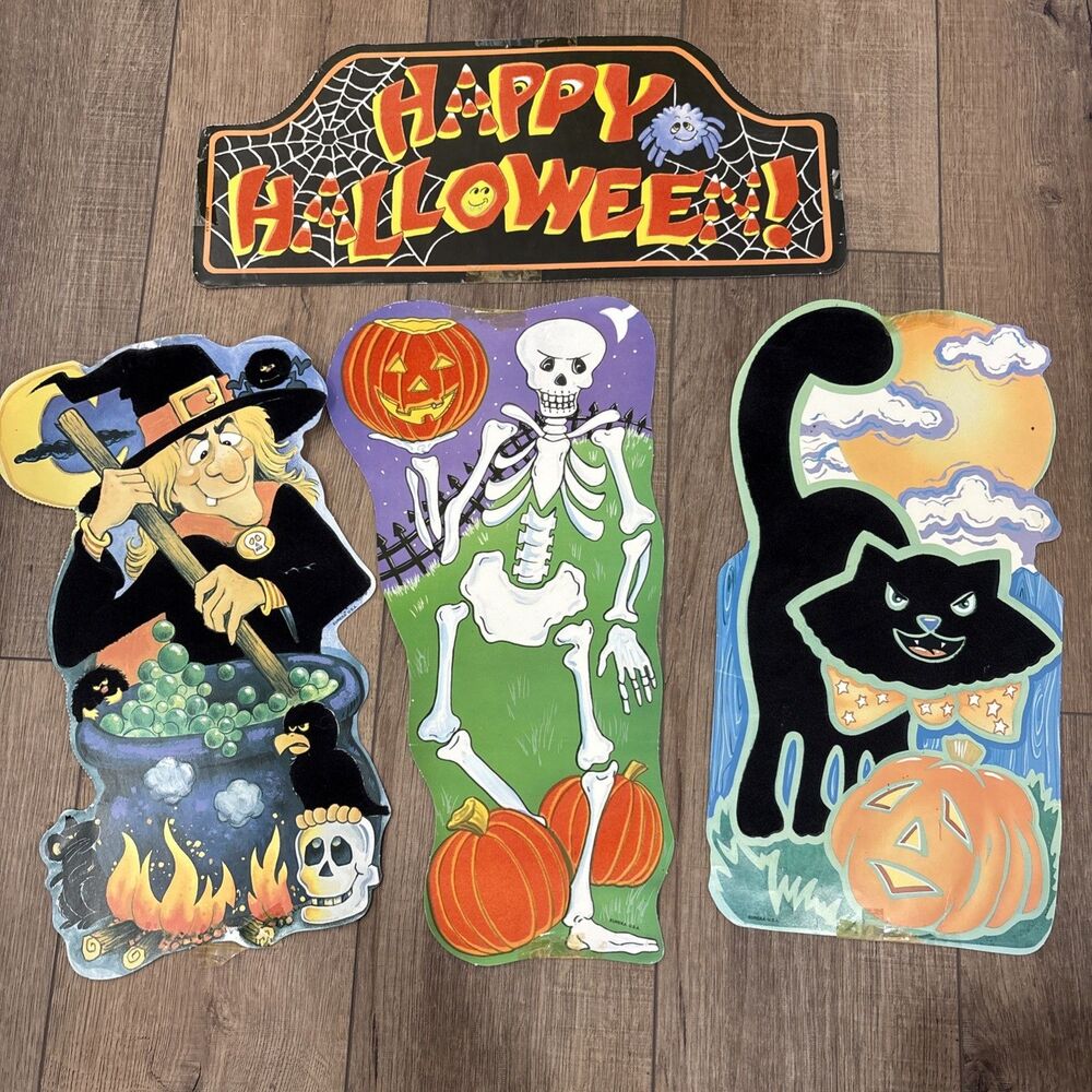 vintage Eureka brand Halloween die-cut paper decorations, flocked, set of 4